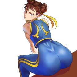 1girls alternate_version_available ass ass_up blue_clothing brown_eyes brown_hair capcom chun-li clothed clothed_female clothes clothing female female_only fully_clothed minicop2001 sitting sitting_on_table solo street_fighter street_fighter_alpha tagme twintails watch watching white_body white_skin