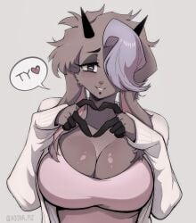 1girls 2023 big_breasts blush breasts caprine english english_text female female_only furry furry_only goat goat_ears goat_girl goat_horns grey_body grey_eyes grey_fur heart heart_hands horns looking_at_viewer noona_(noona_plz) noona_plz purple_hair