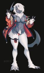 2022 3_toes absol anthro bikini blue_body breasts claws crotch_tuft eyelashes fangs female female_only furry furry_only generation_3_pokemon horn navel nipple_bulge noona_plz peace_sign pokémon_(species) pokemon pokemon_(species) pokemon_rse red_eyes signature white_fur