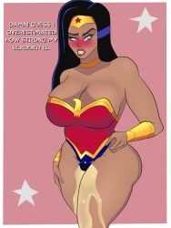 black_hair blueartfiend blush cameltoe dc_comics dialogue leotard omorashi peeing peeing_self stained_clothes stained_panties talking_to_self urinating urinating_female urination urine urine_on_legs urine_pool wet_clothes wet_spot wetting wetting_self wonder_woman wonder_woman_(series)