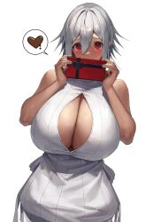 1girls bangs bare_shoulders blush boob_window chocolate cleavage cleavage_cutout dark-skinned_female dark_skin female female_only heart holding_object huge_breasts large_breasts looking_at_viewer original original_character present red_eyes ribbed_sweater short_hair shy solo solo_female speech_bubble spoken_object sweater valentine's_day white_background white_hair yamanokami_eaka