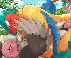 absurd_res accipitriform archeops avian beak bird blush claws feathered_wings feathers feral fossil_pokemon generation_5_pokemon hi_res mandibuzz nintendo pokemon pokemon_(species) prrrrrrmine red_eyes sex vulture wings