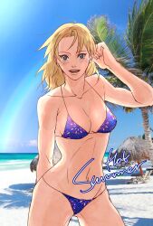 1girls alternate_hairstyle bare_shoulders bikini blonde_hair blush blush_lines breasts busty cleavage collarbone curvaceous feet_out_of_frame female female_only floral_print hair_down huju_(non_ni) looking_at_viewer loose_hair midriff naruto naruto_(series) naruto_shippuden ocean outdoors revealing_swimsuit sand seaside skimpy skimpy_bikini solo solo_focus swimsuit teal_eyes temari water wide_hips