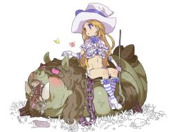 1girls bikini bikini_armor_explorers blonde_hair cute panties petite purple_eyes small_breasts stockings ugly_man