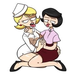 2girls after_kiss annoyed_expression black_hair blonde_hair clothed clothing earrings female female_only hand_on_butt hand_on_neck hattsworth heels legs_intertwined lipstick miss_secondopinionson moral_orel nurse nurse_bendy nurse_cap nurse_uniform pencil_skirt red_lipstick saliva saliva_string saliva_trail skirt thehattsworth unamused