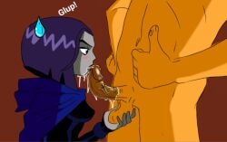 1boy 1girls ball_fondling blowjob blush dc dc_comics fellatio female kneeling male oral oral_sex penis penis_on_lips rachel_roth raven_(dc) saliva saliva_on_penis straight sunnie sweat teen_titans thumbs_up