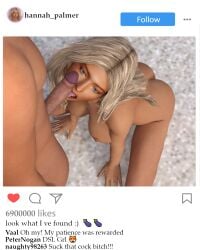 3d big_breasts big_penis blonde blonde_hair fellatio female hannah_palmer human instagram instagram_model jollybizz kneeling licking licking_penis looking_at_penis male naked naked_female onlyfans photo pleasure_face submissive_female