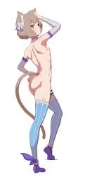 1boy :3 armwear atsutsu bangs bar_censor blue_legwear blue_ribbon brown_hair cat_ears cat_tail catboy censored censored_penis choker felix_argyle femboy femboy_focus femboy_only functionally_nude functionally_nude_femboy functionally_nude_male hair_between_eyes hair_ribbon hand_on_ass hand_on_head legwear looking_at_viewer looking_back looking_back_at_viewer male_focus male_only muscular muscular_femboy muscular_male orange_eyes re:zero_kara_hajimeru_isekai_seikatsu ribbon_choker short_hair solo trap white_armwear