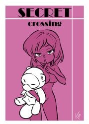 5_fingers animal_crossing anthro apron barely_visible_genitalia barely_visible_nipples barely_visible_pussy breasts canid canine clothing comic cover cover_art cover_page eyelashes female finger_to_mouth fingers genitals hair half-closed_eyes holding_object holding_plushie human human_only interspecies kiseki_art looking_at_viewer mammal medium_breasts narrowed_eyes nintendo nipples not_furry nude pink_background pink_body pink_eyes plushie pussy raccoon_dog simple_background smile solo standing tanuki tom_nook triangle_nose villager_(animal_crossing)