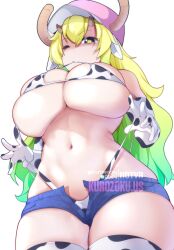 1girls bikini blonde_hair breasts cow_print cow_print_bikini denim_shorts dragon_girl dragon_horns female green_hair horns horny hotvr huge_breasts large_breasts light-skinned_female light_skin long_hair low-angle_view miss_kobayashi's_dragon_maid quetzalcoatl_(dragon_maid) shorts smile solo thighhighs two_tone_hair