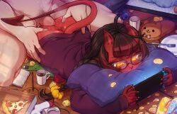 1boy 1girls 2d ass big_ass black_hair bottomless casual chinese_food clothed clothed_female clothing coffee demon demon_girl demon_horns demon_tail erection female food from_behind gamer_girl gaming glasses male meru_(merunyaa) merunyaa multitasking nintendo nintendo_switch original penetration penis pizza potato_chips prone_bone prone_position red-skinned_female red_skin sex straight tagme thick_thighs yellow_eyes