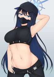 1girls absurd_res armpits artist_request belly belly_button big_breasts blue_archive blue_eyes blue_hair breasts clothed clothing female female_only halo hat innie_belly_button innie_navel light-skinned_female light_skin looking_at_viewer mask midriff navel saori_(blue_archive)