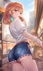 1girls ass bag bread city clothed croissant denim_shorts earrings eating food hololive hololive_english hololive_myth looking_back midriff orange_hair sebu_illust short_hair shorts solo street takanashi_kiara thighs virtual_youtuber