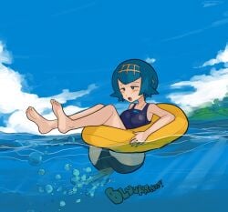 ass barefoot blue_hair bubbles cameltoe fart fart_fetish farting farting_underwater feet float_ring floatie in_water lake lana_(pokemon) one-piece_swimsuit open_mouth pokemon pokemon_sm pool_toy ring_floatie scat sound_effects swimsuit swimwear usagaijin water