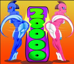 2018 achievement alternate_color anthro areola ass balls big_breasts big_penis blue_areola blue_body blue_eyes blue_glans blue_nipples blue_scales blue_skin breasts butt_bump celebration digital_media_(artwork) duo genitals glans gradient_background gynomorph herm_(lore) hip_check intersex june_(justathereptile) justathereptile komodo_dragon lizard looking_at_viewer milestone_celebration monitor_lizard motion_lines nipples non-mammal_breasts nude number orange_background party_horn penis pink_areola pink_glans pink_nipples raised_tail red_eyes reptile scales scalie scutes simple_background smile standing_on_toes tail watermark yellow_background