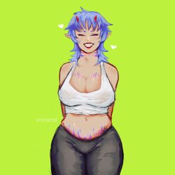 alpinefyre blue_hair breasts demon_girl fully_clothed horns safe_for_work sheer_clothing smile tummy