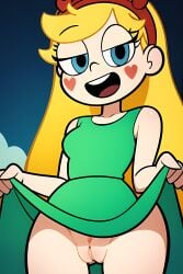 ai_generated blonde_hair butts69420 cartoony dress dress_lift exposed_pussy exposing_self going_commando heart_cheeks high_resolution highres looking_at_viewer no_panties open_mouth pussy red_hairband smug smug_face solo solo_female star_butterfly star_vs_the_forces_of_evil teenager