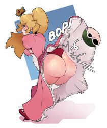 1girls ass ass_slap bent_over breasts dabble female female_only fully_clothed hitting huge_ass jiggle jiggling_ass koopa koopa_shell mario_(series) nintendo panties ponytail princess_peach shell simple_background smack smacking_ass solo solo_female standing thick_thighs thighhighs underwear upskirt