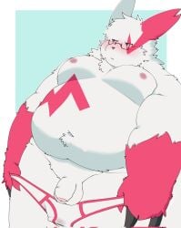 2023 anthro balls belly big_belly blush clothing dragon_night800 eyewear flaccid generation_3_pokemon genitals glasses hi_res kemono male moobs navel nintendo nipples overweight overweight_male penis pokemon pokemon_(species) red_body simple_background solo underwear white_body zangoose