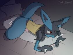 anthro bed bite blue_body blue_fur blush blush_lines bodily_fluids chastity_cage chastity_device fur furniture gaming gaming_controller generation_4_pokemon genital_fluids grey_body grey_fur grinding growling hi_res humping lucario male masturbation nintendo pillow pillow_bite pillow_humping pink_chastity_cage pink_chastity_device pokemon pokemon_(species) precum raised_tail red_eyes saliva solo spikes spikes_(anatomy) tail tan_body tan_fur wetchannel