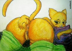 2023 anthro anus ass bed_sheet bedding bethesda_softworks bite blush colored felid feline female genitals ink katia_managan khajiit mammal pastel_(artwork) prequel_adventure presenting pussy signature solo spread_butt spreading tail the_elder_scrolls traditional_media_(artwork) webcomic xoxmatch_(artist) yellow_body yellow_eyes