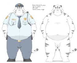 2023 anthro balls belly big_belly blush bottomwear clothing english_text felid flaccid genitals ginsingoo1 hat headgear headwear hi_res kemono male mammal model_sheet moobs navel necktie nipples overweight overweight_male pantherine pants penis police_hat police_officer police_uniform shirt small_penis solo text tiger topwear uniform white_body