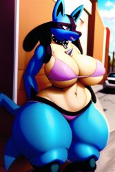 1girls ai_generated big_city city city_background female female_lucario lucario novelai pokemon pokemon_(species) solo solo_female thick_thighs urban