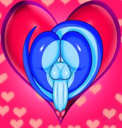 2018 anthro ass balls blue_body blue_scales blue_skin breasts butt_heart digital_media_(artwork) erection full-package_futanari futanari genitals glans heart heart_background herm hermaphrodite hi_res holidays intersex june_(justathereptile) justathereptile komodo_dragon lizard monitor_lizard multi_genitalia nude penis pink_background pink_glans pink_pussy pussy rear_view reptile scales scalie simple_background solo tail valentine's_day watermark