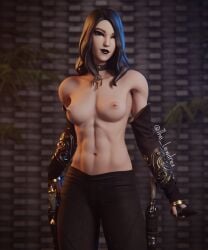 1girls 3d abs areolae armor armwear athletic athletic_female black_hair black_lips black_lipstick blender bottomwear breasts choker detailed_background erect_nipples female female_focus female_only fortnite gun_holster half-dressed half_naked highres holster leggings lewdrex light-skinned_female light_skin lipstick long_hair looking_at_viewer medium_breasts necklace nipples pants presenting solo solo_female solo_focus standing topless victoria_saint watermark