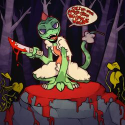 anthro blood bodily_fluids bovid caprine forest forest_background gore hi_res hybrid insane kasumibun knife lizzard male mammal nature nature_background oskar_(2ndvoice) plant sheep snuff solo tree