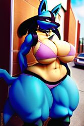 1girls ai_generated anthro big_city city city_background female female_lucario lucario novelai pokemon pokemon_(species) solo solo_female thick_thighs urban