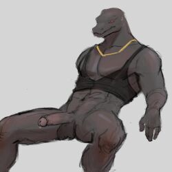 2023 abs anthro anthro_only balls biped bodily_fluids bottomless clothed clothing digital_media_(artwork) epic_games fortnite genital_fluids genitals grey_background grey_body grey_scales hi_res humanoid_genitalia humanoid_penis jewelry komodo_dragon lizard male male_only monitor_lizard muscular muscular_anthro muscular_male necklace non-mammal_balls pecs penis precum raised_clothing raised_shirt raised_topwear reptile scales scalie shirt simple_background sitting solo sweat tank_top thunder_(fortnite) topwear wowsibart