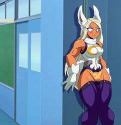 1girls bunny_ears childish_panties dark-skinned_female dark_skin embarrassed embarrassed_underwear_female euf female female_only hero_outfit_(mha) imsomethingradical leotard locker_room miruko my_hero_academia panties red_eyes rumi_usagiyama solo white_hair