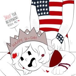 1boy 1boy1girl 1girls 2019 ambiguous_penetration america america_(egobuzz) american_flag_shirt bracelet canada canada_(countryhumans) canada_(egobuzz) canada_day clothed_female clothed_male clothed_sex clothing countryhumans countryhumans_girl cychet duo earrings english_text female heart male penetration red_earrings source_request text tongue_out united_states_of_america_(countryhumans) white_background white_body white_hair white_skin
