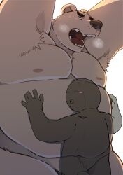 2023 absurd_res anthro armpit_hair arufina_w barely_visible_genitalia barely_visible_penis bear belly big_belly black_nose blush bodily_fluids body_hair closed_eyes duo embrace genitals hi_res hug kemono male mammal moobs nipples overweight overweight_male penis polar_bear simple_background sweat ursine