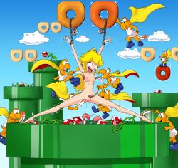 arms_up blonde_hair blush crown cum donut_block drooling eyes_wide_open koopa koopa_troopa laugh legs_spread mario_(series) nude_female piranha_plant pocketickler princess_peach raised_arms screaming splits super_koopa super_mario_world tears teasing tickle_torture tickling tickling_armpits tickling_breasts tickling_feet tickling_pussy warp_pipe