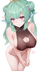 1girls bare_shoulders belly_button big_breasts boob_window bottomless cleavage exposed_shoulders exposed_torso finana_ryugu finana_ryugu_(2nd_costume) green_hair hair_accessory hair_ornament head_fins heart heart_hands light-skinned_female light_skin navel nijisanji nijisanji_en nipple_bulge no_panties purple_eyes secon sideboob sleeveless solo tiara twin_buns twintails virtual_youtuber