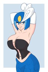 2d 2d_(artwork) armor armpits arms_behind_head arms_up arty_renegate belly_button black_clothing blue_background blue_eyes capcom cleavage corset exposed_shoulders eyelashes gloves helmet hourglass_figure huge_breasts large_breasts makeup mega_man mega_man(classic) mermaid mermaid_tail robot_girl rockman scales smile smiling_at_viewer smug splash_woman suggestive wide_hips