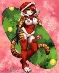 2020 abluedeer anthro bedroom_eyes black_nipples black_pussy blue_eyes christina_mort christmas christmas_tree clothing felid female fur genitals hair hi_res holidays legwear mammal narrowed_eyes nipple_piercing nipples orange_body orange_fur paltala pantherine piercing plant pussy red_hair seductive solo striped_body striped_fur stripes thigh_highs tiger tree