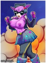 absurd_res alpaca belt big_breasts bottomwear breasts camelid clothed clothing darkadibuja dj_bop epic_games female fortnite fur headphones hi_res humanoid jacket mammal mitten_hands nipples purple_body purple_fur purple_nipples skin skirt solo topless topwear visor warmers