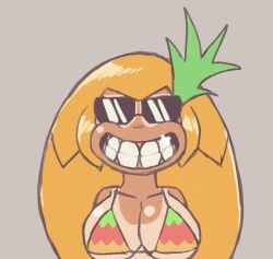 big_breasts bikini_top blonde_hair domobot funny hair_ornament long_hair pineapple pineapple_toppin pizza_tower smile sunglasses tan-skinned_female tan_lines tanned_female taunting teeth teeth_showing toppin_gals toppin_gals_minus8 uncanny