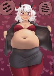 bbw belly belly_overhang big_belly big_breasts big_female blush blushing chubby chubby_female drooling embarrassed fat fat_ass fat_female fat_fetish fat_girl fat_woman fatty helltaker horns horny_female kipteitei large_female modeus_(helltaker) obese obese_female open_shirt overweight overweight_female pig plump pork_chop red_bra red_eyes red_thighhighs skirt tagme thick_thighs tubby weight_gain white_hair