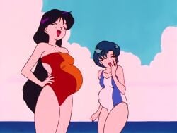 2girls ami_mizuno big_breasts bishoujo_senshi_sailor_moon fat female female_only laughing medium_breasts one-piece_swimsuit pregnant rei_hino screencap small_breasts swimsuit the_tits_of_mio third-party_edit