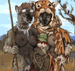 1boy 2girls 2girls1boy abs accessory anon2000000 anthro areola arm_tattoo armor biceps big_breasts big_muscles biped blush breast_play breast_size_difference breasts brown_body brown_fur canid canine casual_nudity clawed_fingers claws clenched_teeth clothed clothed_anthro clothed_female clothing colonialism digital_media_(artwork) digital_painting_(artwork) dominant dominant_female exposed_breasts eyebrows eyelashes face_on_breast facial_tuft fangs female female/female female_anthro fingers forced fox fur fur_pelt fur_tuft grainy green_helmet group gun hair head_lock headband headgear helmet hi_res holding_gun holding_object holding_weapon huge_breasts hyena interspecies jacket jewelry mammal markings melee_weapon monochrome mostly_nude multicolored_body multicolored_fur muscular muscular_anthro muscular_female necklace nipples nonsexual_nudity nude nude_female open_mouth open_smile outside partially_clothed plant polearm pubic_hair_peek ranged_weapon red_body red_fur ring_(marking) savanna scared scarf scarf_only sepia shirt size_difference sky smile spear spots standing submissive submissive_male tattoo teeth topwear tree tribal tribal_clothing tribal_jewelry tribal_markings tribal_outfit trio trio_focus tuft upset warrior weapon white_body white_fur yellow_eyes