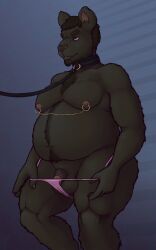 absurd_res anthro black_body black_fur body_hair canid canine clothing collar digital_media_(artwork) flaccid fur genitals gmad happy_trail hi_res leash male mammal nipple_chain overweight overweight_male panties penis solo underwear undressing