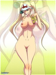 1girls anal_beads areola areolae artist_logo artist_name ass_visible_through_thighs big_breasts blonde_hair blue_eyes border breasts female female_focus female_only green_background hakodate_omiko kill_la_kill large_breasts layerth long_hair looking_at_viewer nipples nude pussy shaved_pussy smile tagme teeth teeth_showing tennis_ball thick_thighs thighs twintails uncensored upper_body visor visor_cap woman yellow_background