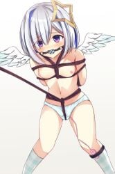 amane_kanata arms_behind_back ball_gag bangs blue_hair blue_socks blush bondage bound bound_arms breasts collarbone commentary_request controller crotch_rope drooling feathered_wings female gag gagged gradient_background grey_hair holoforce hololive hololive_japan kaze_(kaze_kaza) kneehighs leaning_forward legs_apart looking_at_viewer multicolored_hair navel nipples open_mouth panties plaid_socks purple_eyes raised_eyebrows remote_control remote_control_vibrator rope saliva sex_toy sidelocks simple_background small_breasts socks solo standing stomach streaked_hair thighs topless two-tone_hair underwear vibrator vibrator_cord vibrator_under_clothes vibrator_under_panties virtual_youtuber white_background white_panties white_wings wings