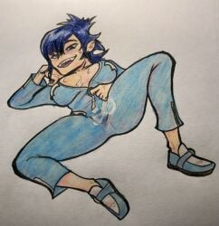 1girls blue_hair blush bodysuit clothing excited female female_only footwear gorillaz human looking_at_viewer noodle_(gorillaz) noodle_(momentary_bliss) oh_gosh_levi pale_skin seductive shoes smile tight_clothing unzipped unzipped_bodysuit wet wet_pussy