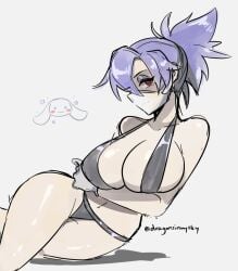 1girls artist_signature big_ass big_breasts black_bikini black_bra blue_eyeshadow blue_hair cross_pupils dragonsinmysky eyeshadow facemask gloves illustration latex_gloves light_skin mask ponytail red_eyes skullgirls smile valentine_(skullgirls) white_background wide_hips