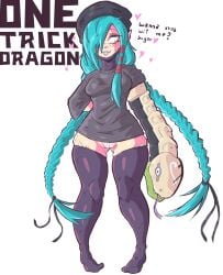 amazon amazonian braid braided_hair cyan_hair digimon digimon_(species) digimon_xros_wars long_hair long_ponytail long_sleeves long_stockings looking_to_the_side mervamon motherly onetrickdragon pink_panties purple_lipstick snake snake_arm stockings taller_girl thick_thighs thighhighs very_long_hair visible_panties visible_underwear white_background